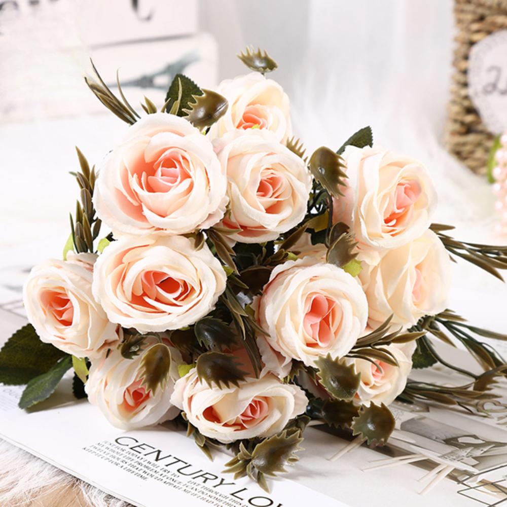 4 Pcs Wedding Bouquets Artificial Flowers 6 Heads Fake Silk Mini Rose Plastic Flowers Arrangement for DIY Home Decorations Table Centerpieces