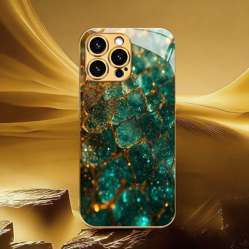 Green crystal gold-plated leaf pattern electroplated tempered glass phone case suitable for iPhone 17 16 15 14 13 12 11