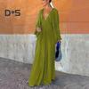 Women Evening Dress Deep V Neck Pleated Long Sleeves Solid Color High Waist Vacation Beach Party Maxi Dress Prom Long Dress