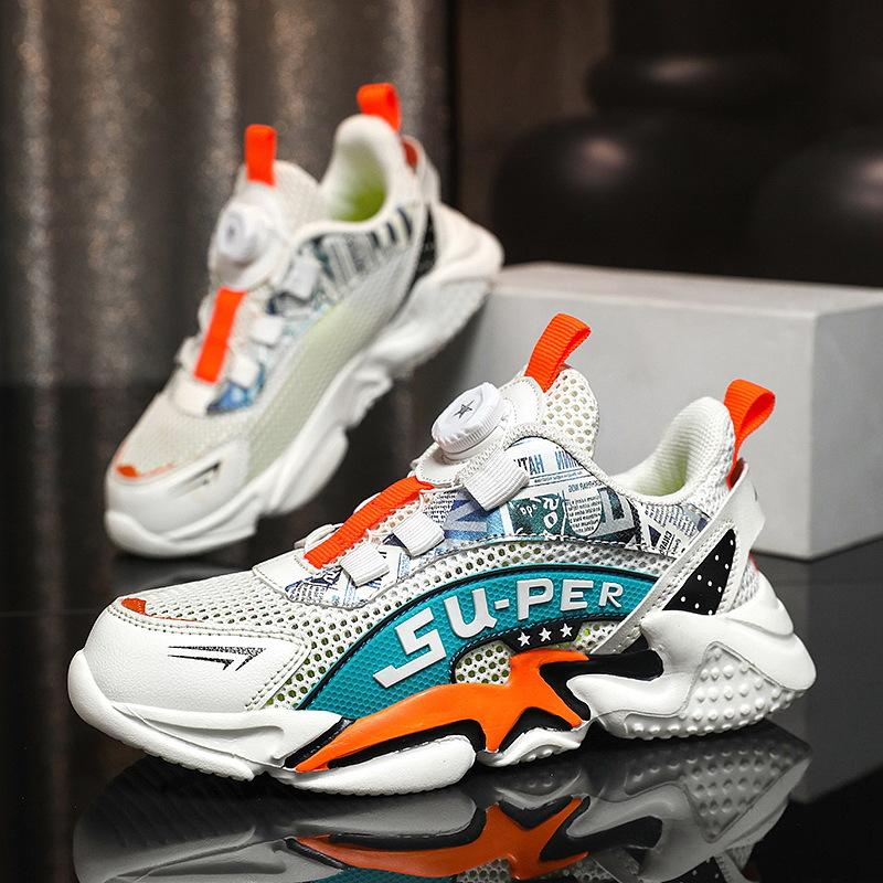 Кроссовки для мальчиков лето 2025 сетчатые дышащие средние и большие детские тонкие одинарные сетчатые повседневные туфли для папы и одноклассника с вращающейся пряжкой