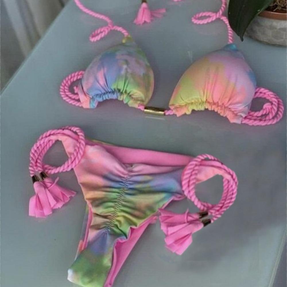 Европейский и американский женский купальник-бикини с треугольной сумкой, плетеный, однотонный, сексуальный, с бахромой и подвеской