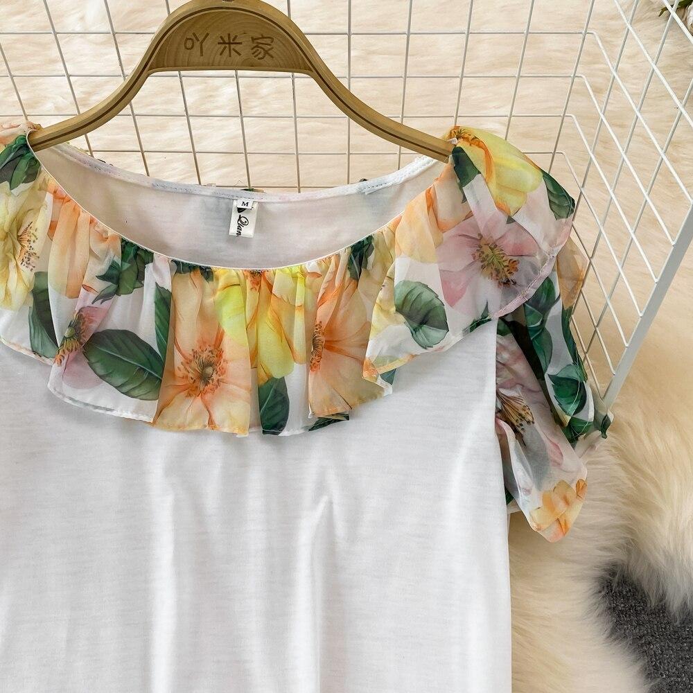 Set Female Celebrity Round Neck Patchwork Ruffle Printed Top Two Piece Set High Waist Medium Length Hip Wrap Skirt