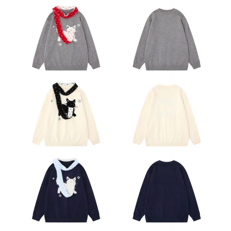 Unisex Oversized Knit Sweater With Detachable Scarf Snowflake Embroidery Acrylic Blend Retro Style Fall