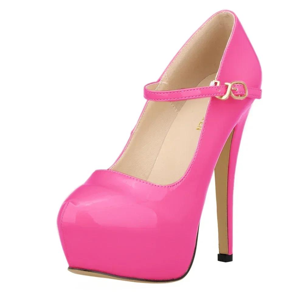 Женские туфли на платформе с высоким каблуком-шпилькой, сексуальные туфли с круглым носком 14 см, туфли-лодочки для танцев на пилоне, модные туфли для вечеринок с пряжкой, свадебные туфли, большой размер 44