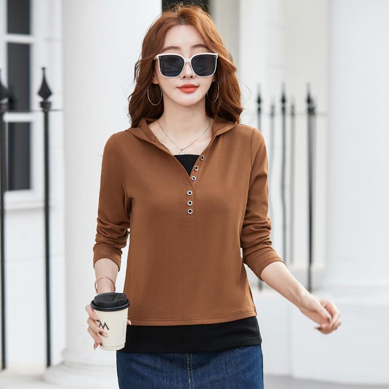 Womens Long Sleeve Hooded Cotton T-Shirt With Button Detail Fake Two-Piece Design Casual Top