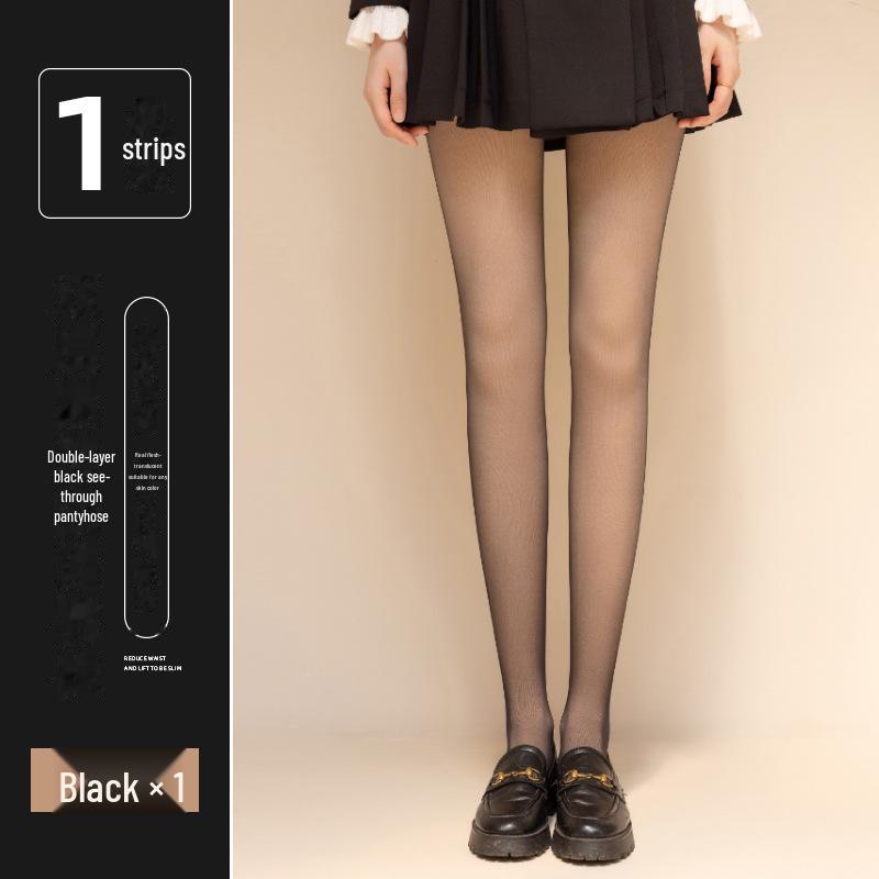 Женские черные шелковые двухслойные колготки с плюшем на осень/зиму