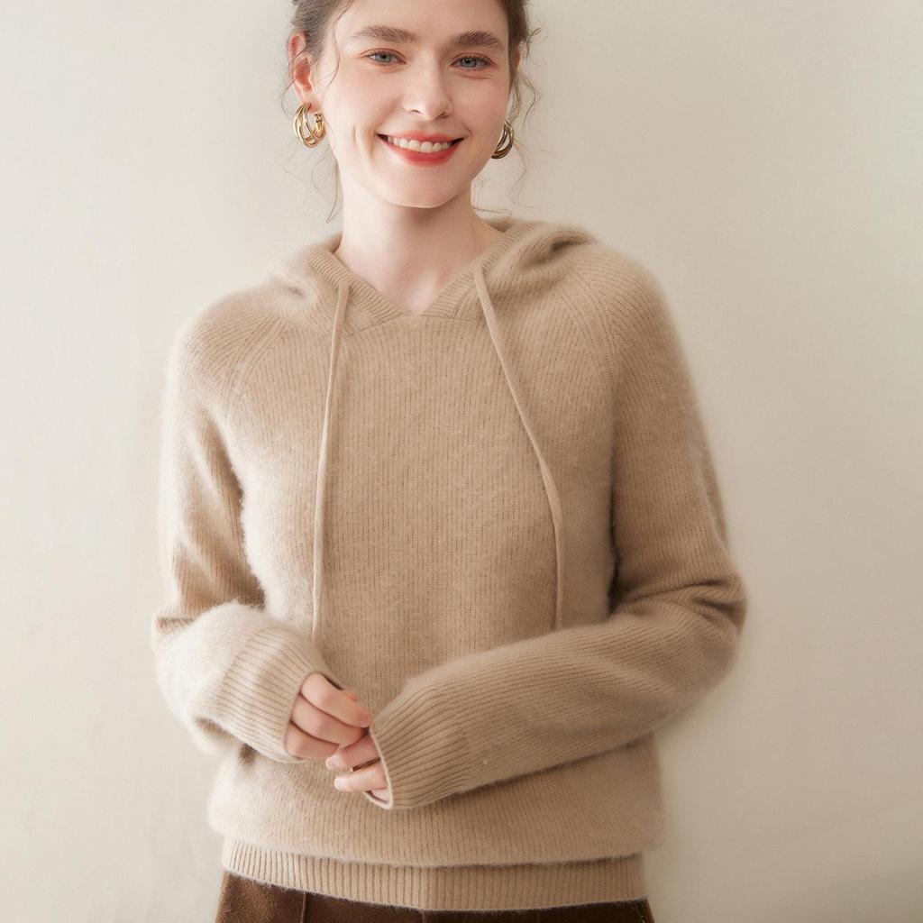 Autumn/Winter 2025 Women's Ribbed Cashmere Hoodie - Thick, Elegant, Solid Color, Warm Base Layer Sweater