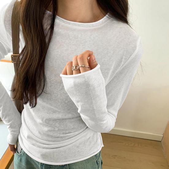 Women T-shirt Round Neck Long Sleeve Slim Fit Solid Color Tops Soft Stretchy Tee Shirt Work Party Casual Wear