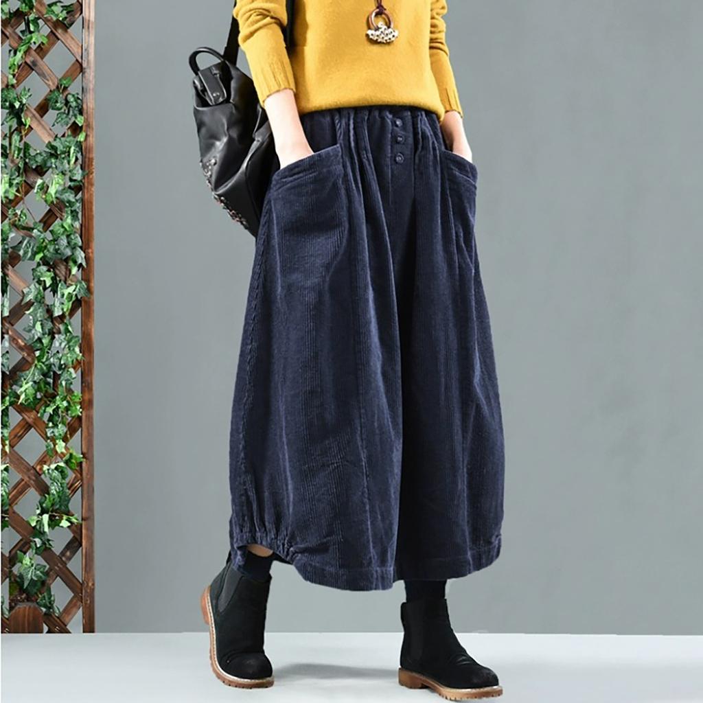 Retro Art Mid Length Autumn Women's Skirt Pocket Panel Corduroy Flower Bud Skirt Slimming Skirt