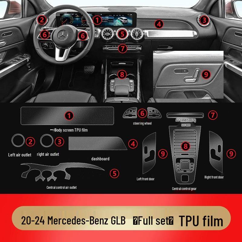 Совместимые внутренние пленки для 25 моделей Mercedes-Benz GLA/GLB: Наклейки на экран навигации, рычаг переключения передач и кондиционер из HD ТПУ.