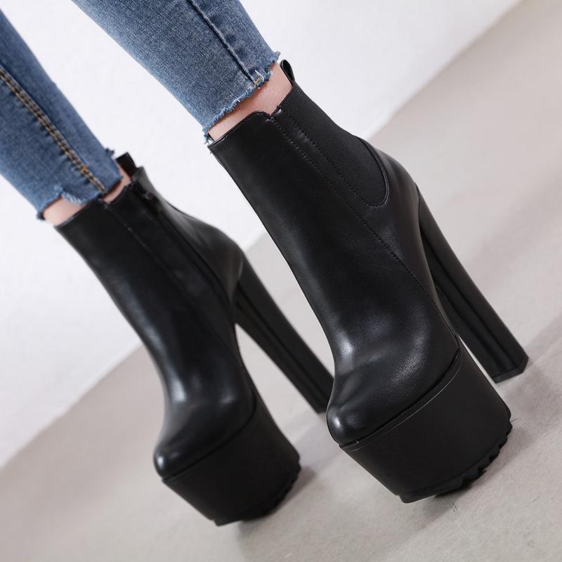Women's Ankle Boots Thick Heels Women's Shoes 40 New 16CM High Heels Women's Ankle Boots Leather Spring and Winter