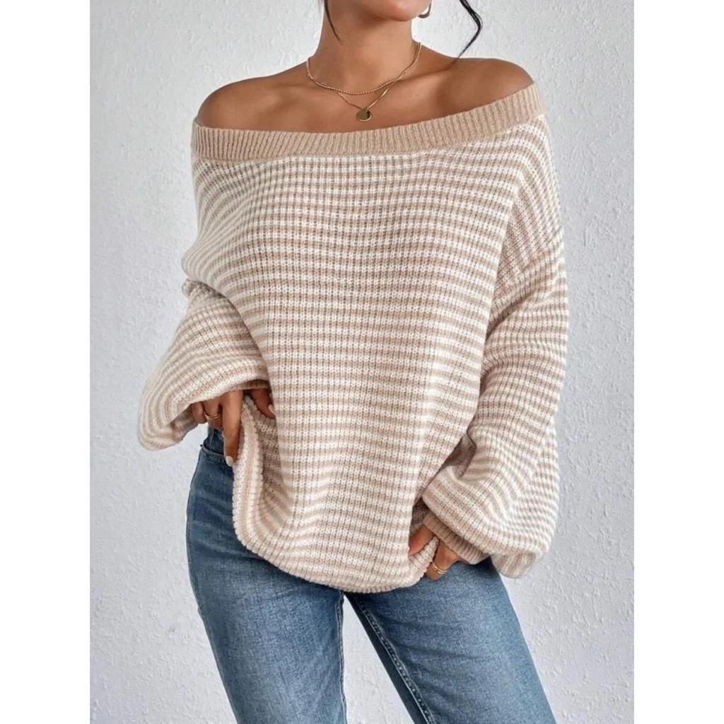 Versatile Knitted Top One-Row Neck Lace-Up Style Sweater Loose Fit Striped Lantern Sleeve Tops