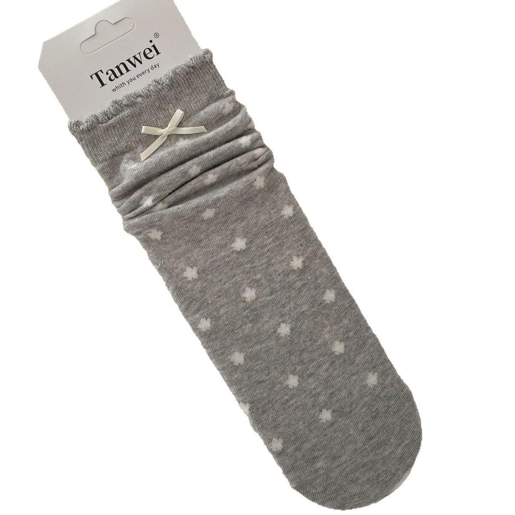 Korean Style Mid-Calf Bow Socks with Stars in Grey and White for Spring/Summer