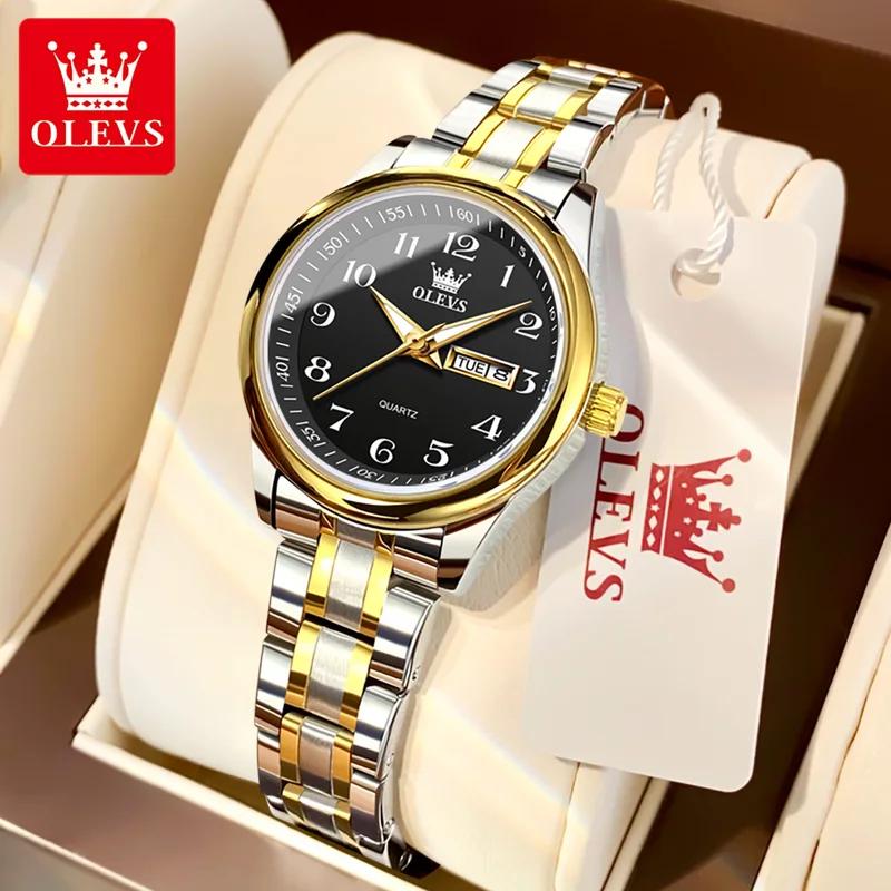 OLEVS Quartz Watch for Women Luxury Waterproof Luminous Stainless Steel Watches Big Numeral Dual Calendar Ladies Wristwatch