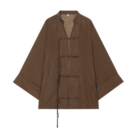 Handmade Button Shirt Women Stand Collar Shirt, Chinese Frog Blouse for Early Summer Casual Outfit Fall, Loose Solid Color Long Sleeve Top Spring Wear