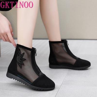 Модные GKTINOO Модные Женские Босоножки Ботинки из Натуральной Замши Дышащая Сетка Женские Туфли на Плоской Подошве Весна Лето Большой Размер 34-43