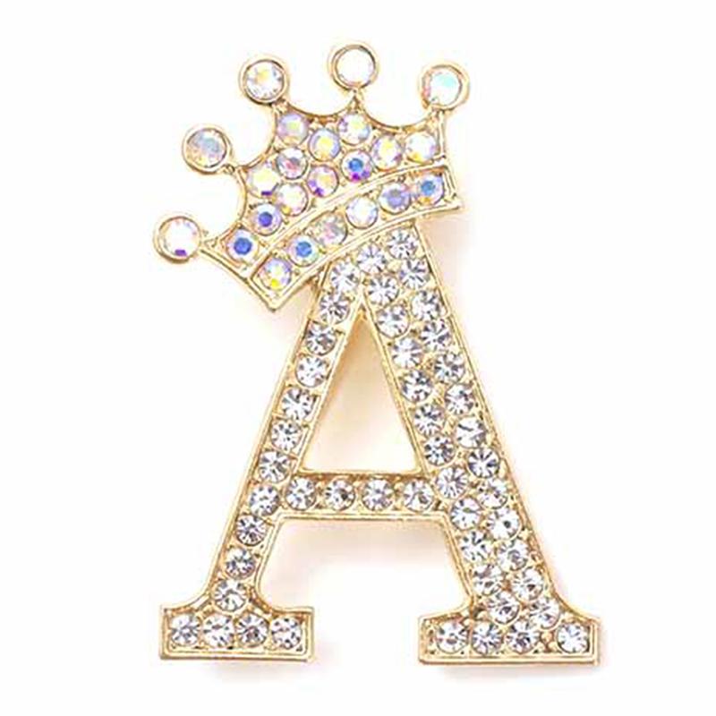Fashion Crown 26 Initial Letters A To Z Crystal Rhinestone Brooch Pins Women