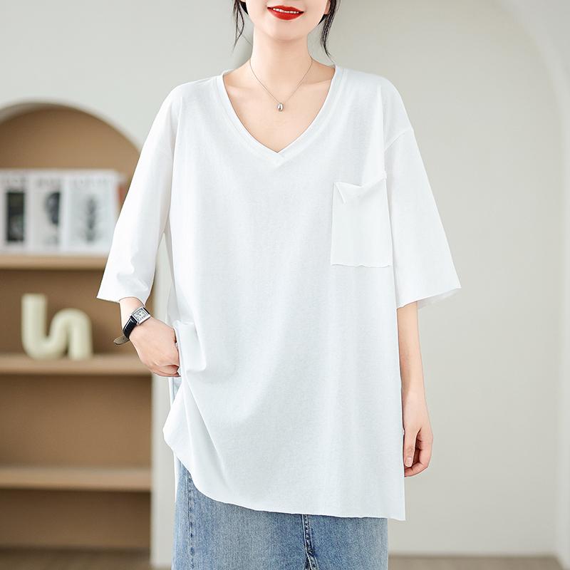DIMANAF 2025 Новая Летняя Футболка Большого Размера Женская V-образный вырез Короткий рукав Однотонные Свободные Топы Футболки Макси