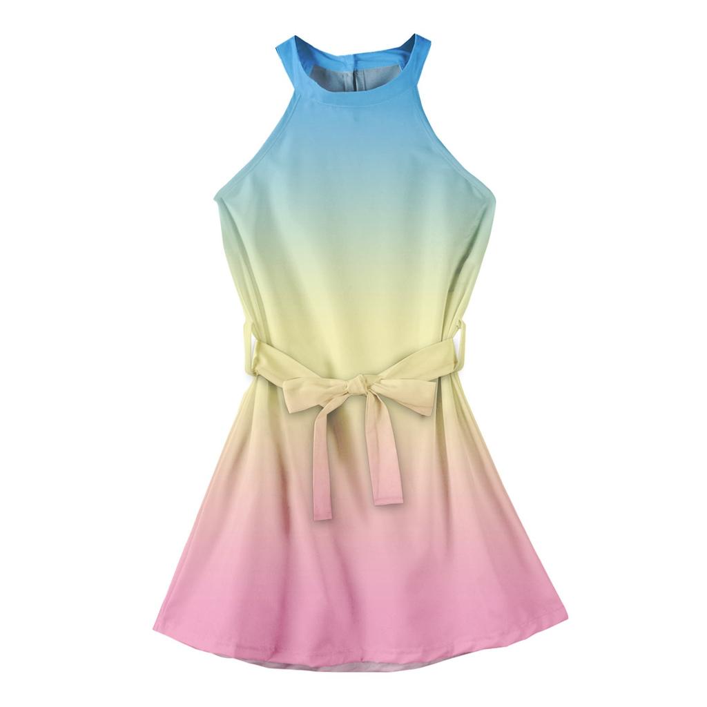 Летнее платье для девочек Платье без рукавов на бретельках Однотонное платье без рукавов с принтом Повседневное платье