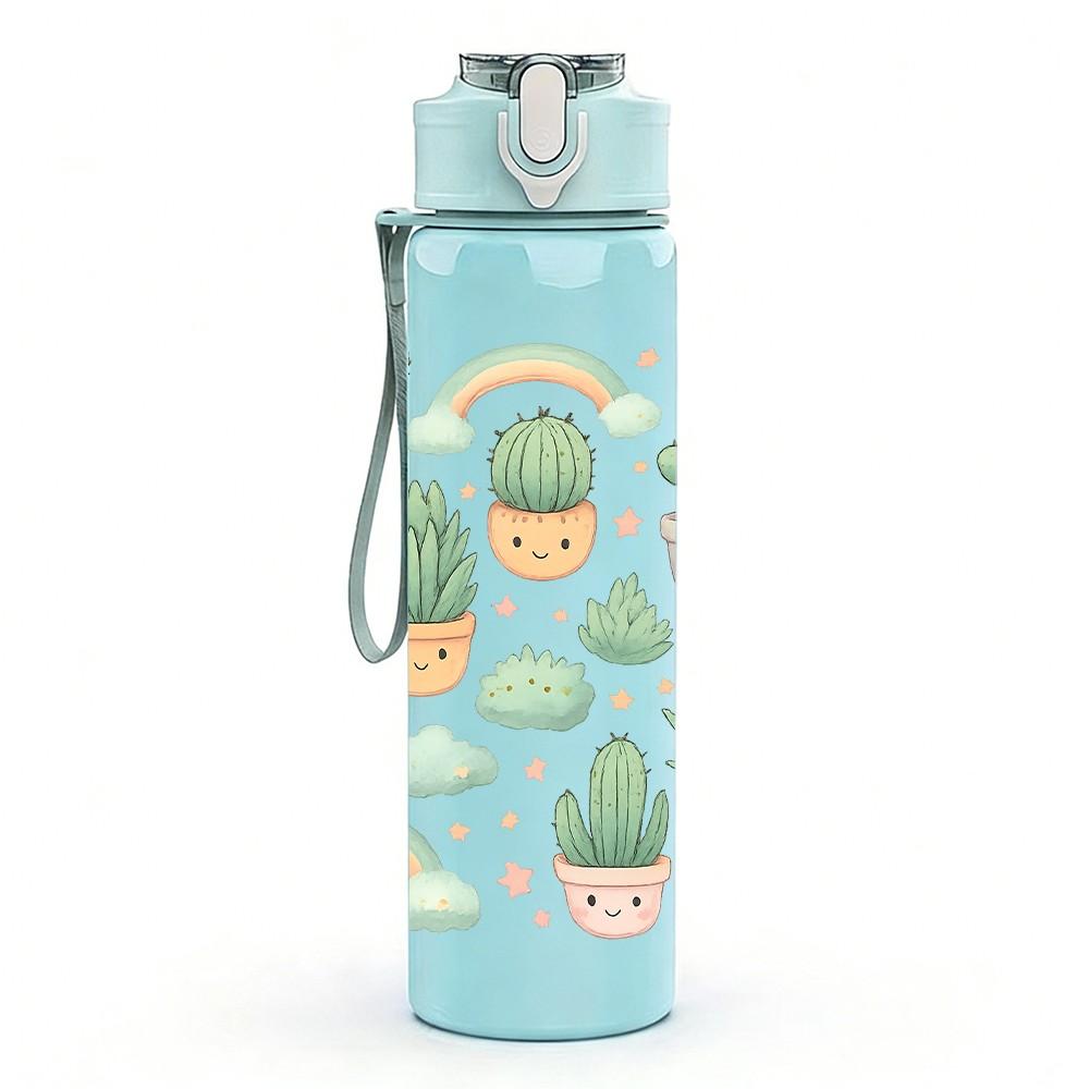 1PC Cactus Rainbow Repeat Pattern 750ml Color Plastic Sports Water Bottle Leakproof Flip Straw Lid Suitable for Sports Office Home Use