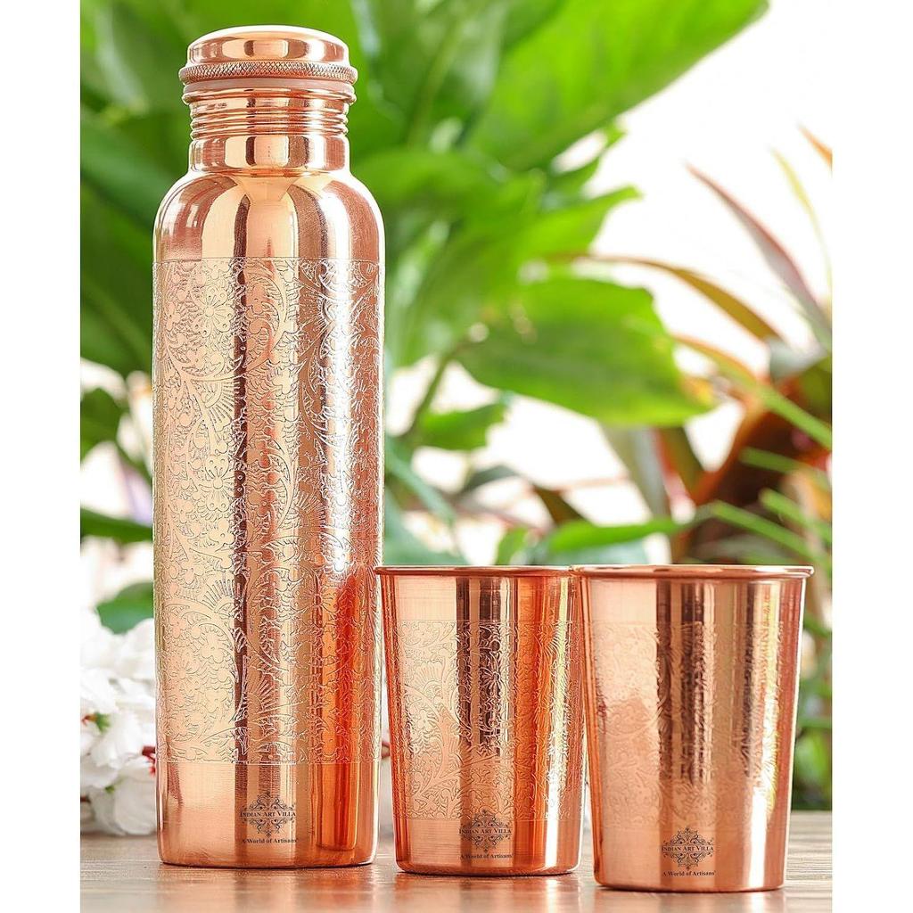 Pure Copper Drinkware Gift Set – Embossed Design with 1 Bottle (900 ML) & 2 Glasses (275 ML) in a Blue Box