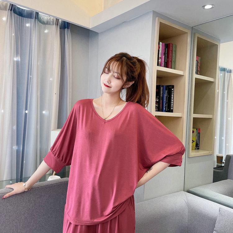 Women's Modal Loose Half-Sleeve Summer Bottoming Shirt: Lightweight, Pajama-Style, Large Size, Short Front, Long Back.