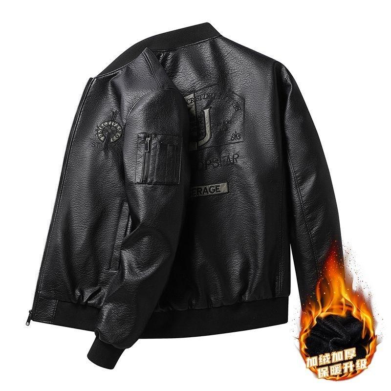 Leather jacket men's spring and autumn coat fleece thickened autumn and winter new flight suit jacket large size men's coat men's