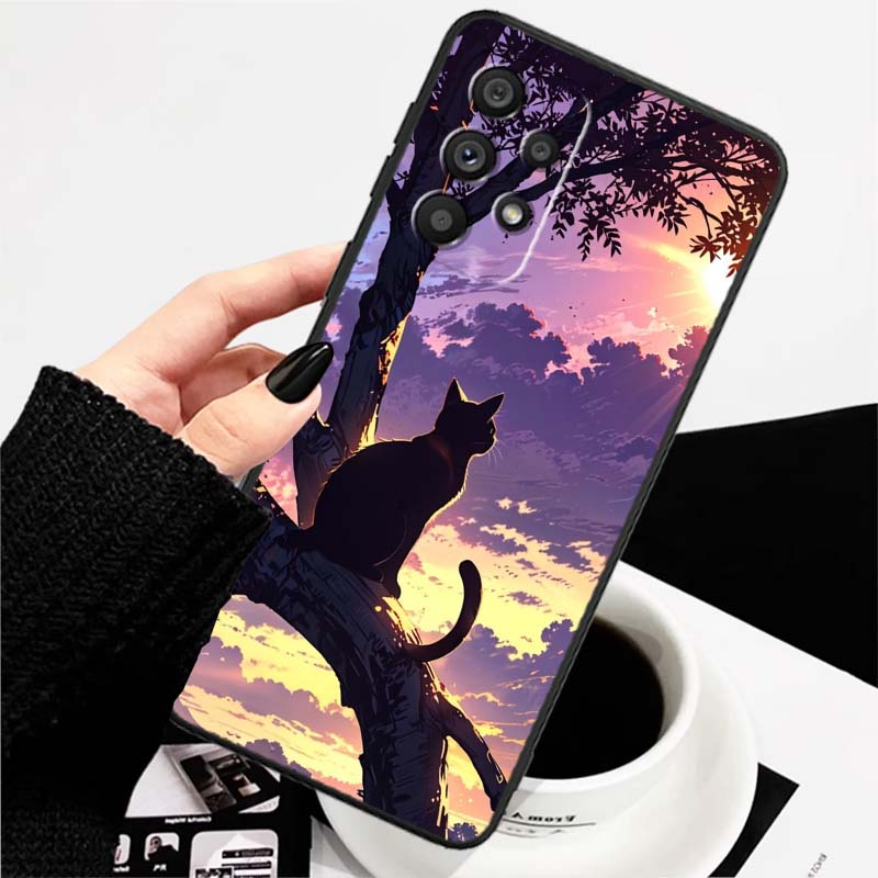 Мультяшный Милый Кот Для Samsung A73 A72 A71 A55 A54 A53 A52 A51 A13 A22 A16 A15 A12 A14 A26 A07 5G Черный Чехол для Телефона