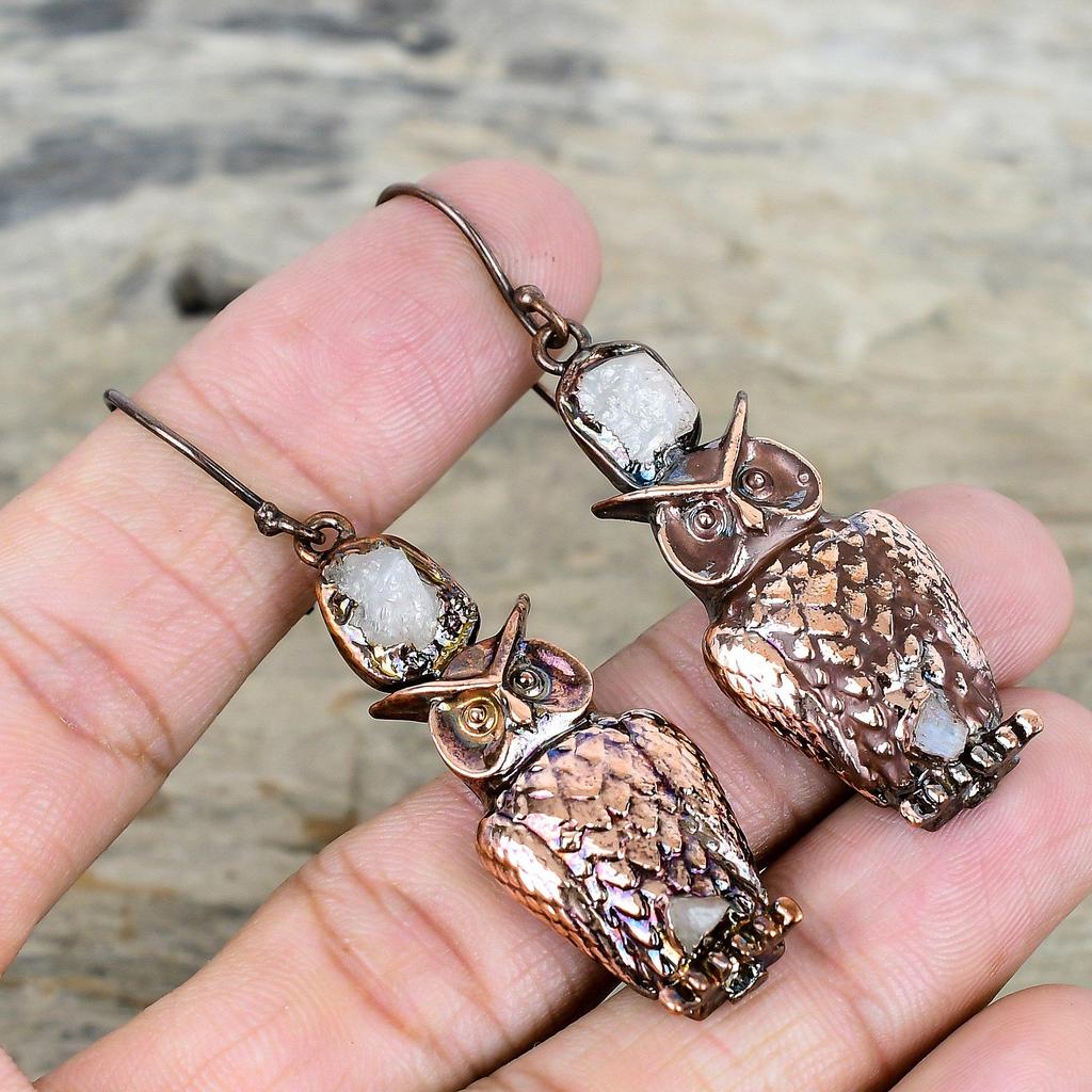 Rainbow Moonstone Rough Earring Electroformed Copper Earrings Gemstone Earring Handmade Copper Jewelry Owl Drop Earrings Anniversary Gifts