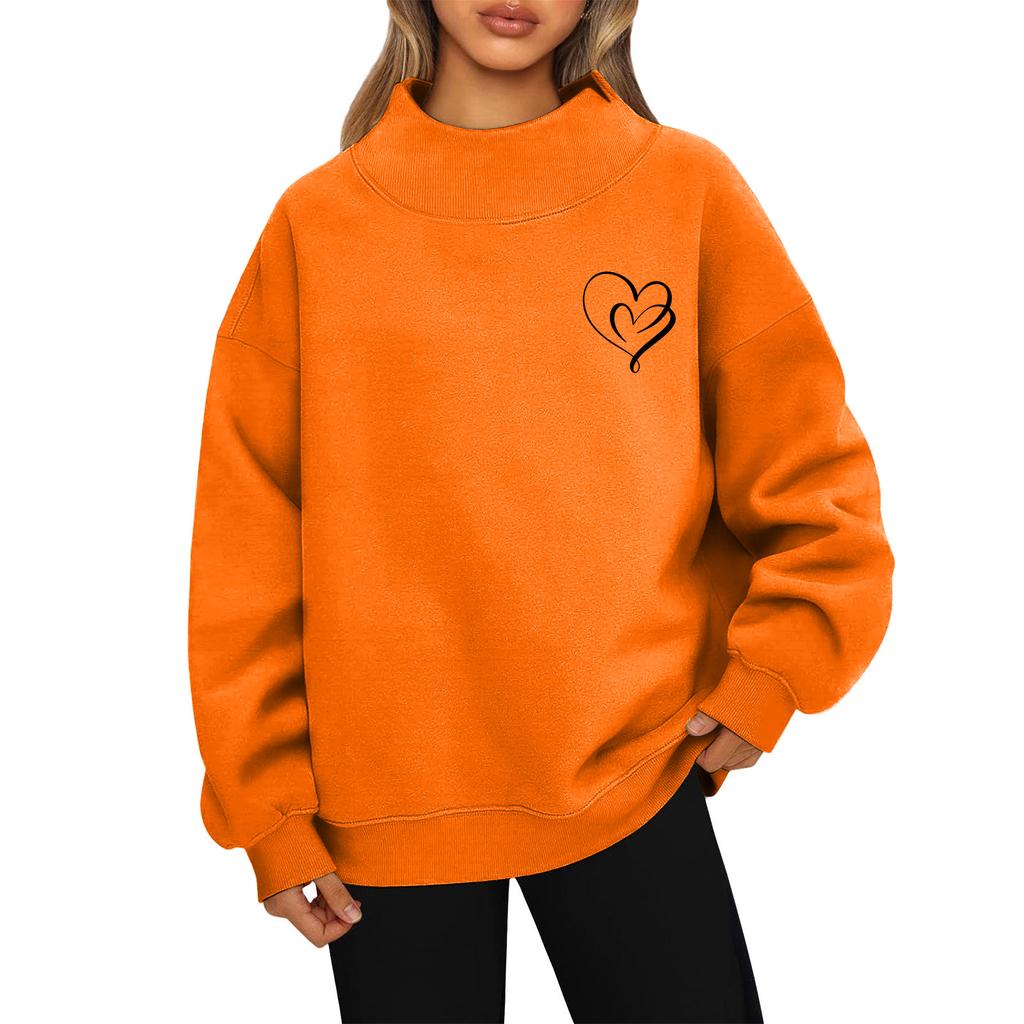 Women's Valentine's Day Print Fashion Loose High-Collar Long Sleeve Solid Color Sweatshirt Pullover