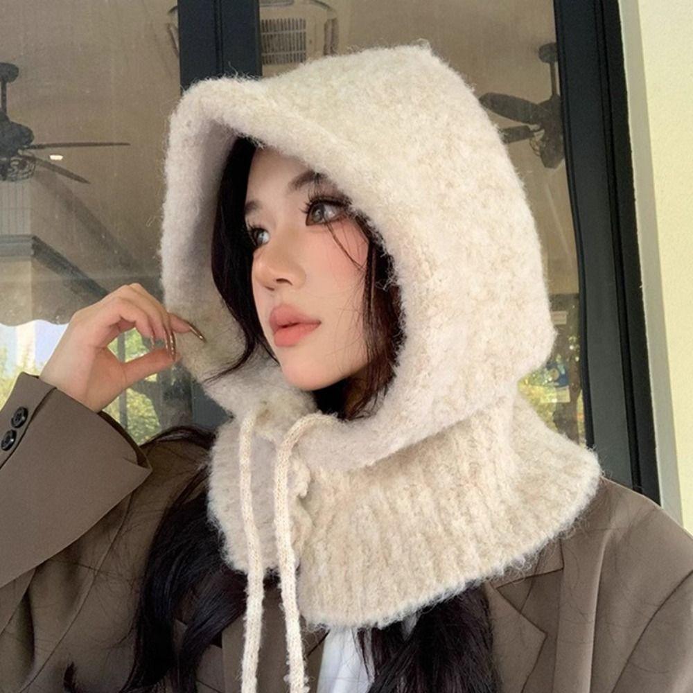 Solid Color Knitted Pullover Hat Plush Windproof Cap Korean Women Winter Balaclava  Outdoor