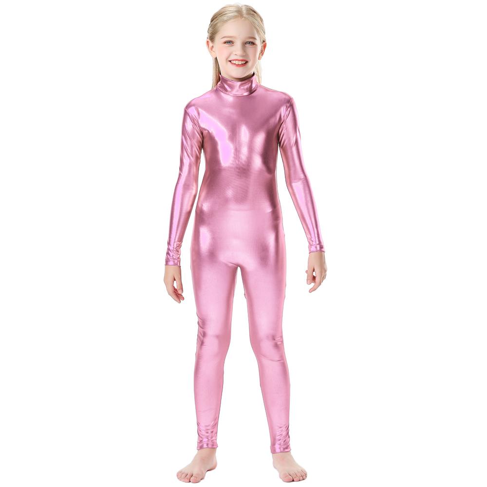 Блестящий металлический комбинезон с воротником-стойкой на молнии сзади, цельный комбинезон с длинными рукавами, детский костюм Wetlook