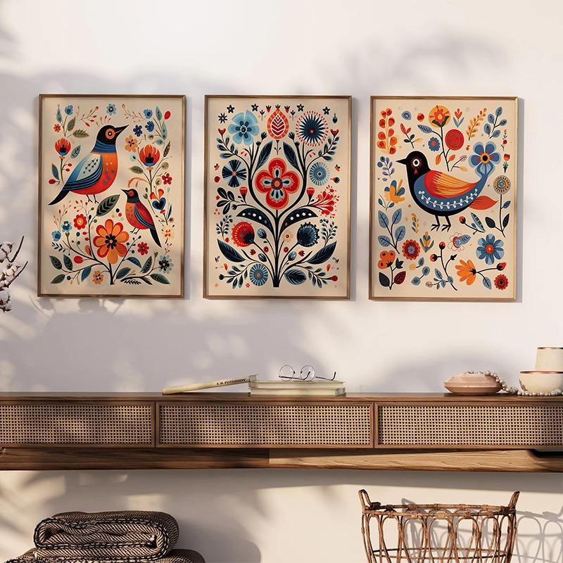 Норвежское народное искусство Цветочный постер с птицами Скандинавский принт Абстрактная картина на холсте Скандинавское настенное искусство Картина для гостиной Домашний декор