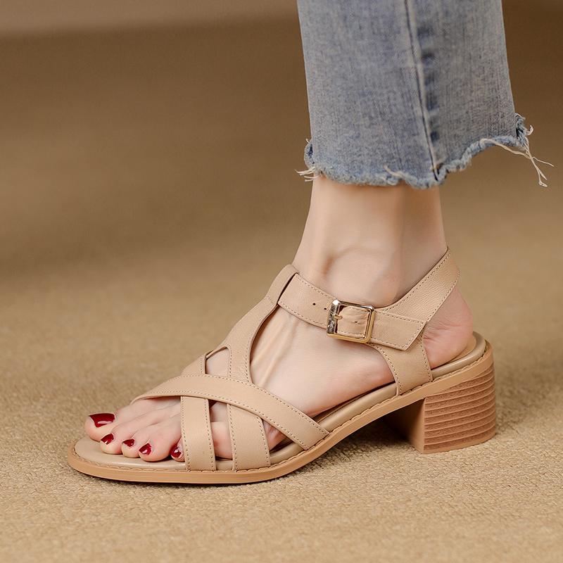 Модные женские сандалии на толстом каблуке, из натуральной кожи, с ремешком на щиколотке, женские туфли для офиса, для вечеринки, повседневные, золотистые туфли-лодочки, весенне-летняя мода