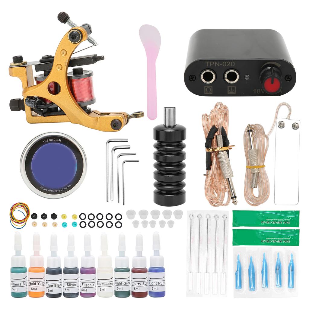 Complete Starter Tattoo Kit Professional Coil Tattoo Machine Power Supply Kit 9 Ink Tattoo Supplies