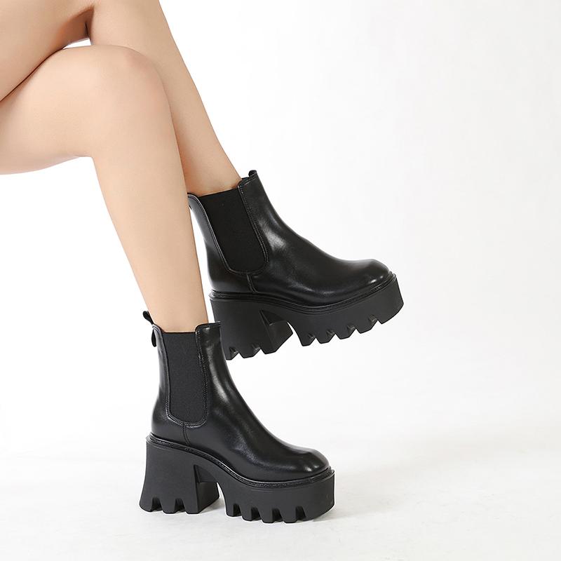 Slip On Women Motorcycle Boots Square High Heels Thick Platform Female Ankle Boots Black Plus Sizes Chelsea Boots Women