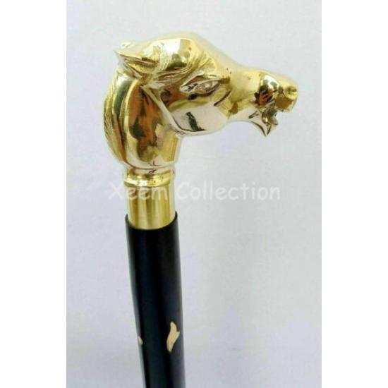 Твердая латунная ручка в виде головы лошади, деревянная трость, стиль, винтаж, антиквариат