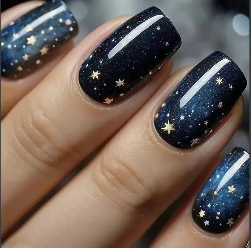 Nail art 24 pieces fashion blue gradual change color galaxy dream rectangular wear nail wholesale