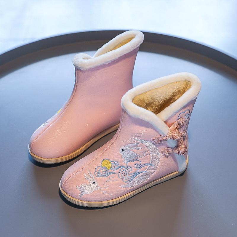 Детские хлопковые сапоги для девочек с вышитым кроликом 2024 года, детские зимние сапоги из теплого толстого плюша с мехом в китайском стиле