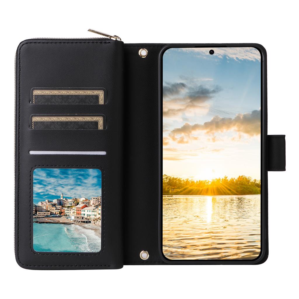 For Samsung Galaxy S25 FE Case 9 Card Slots Zipper Pocket PU Leather Phone Cover with Wrist Strap