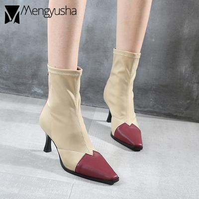 Модные женские сапоги-носки из овчины и эластичной ткани в стиле пэчворк на высоком каблуке, ботильоны разных цветов, модные сапоги-трубы, эластичная обувь