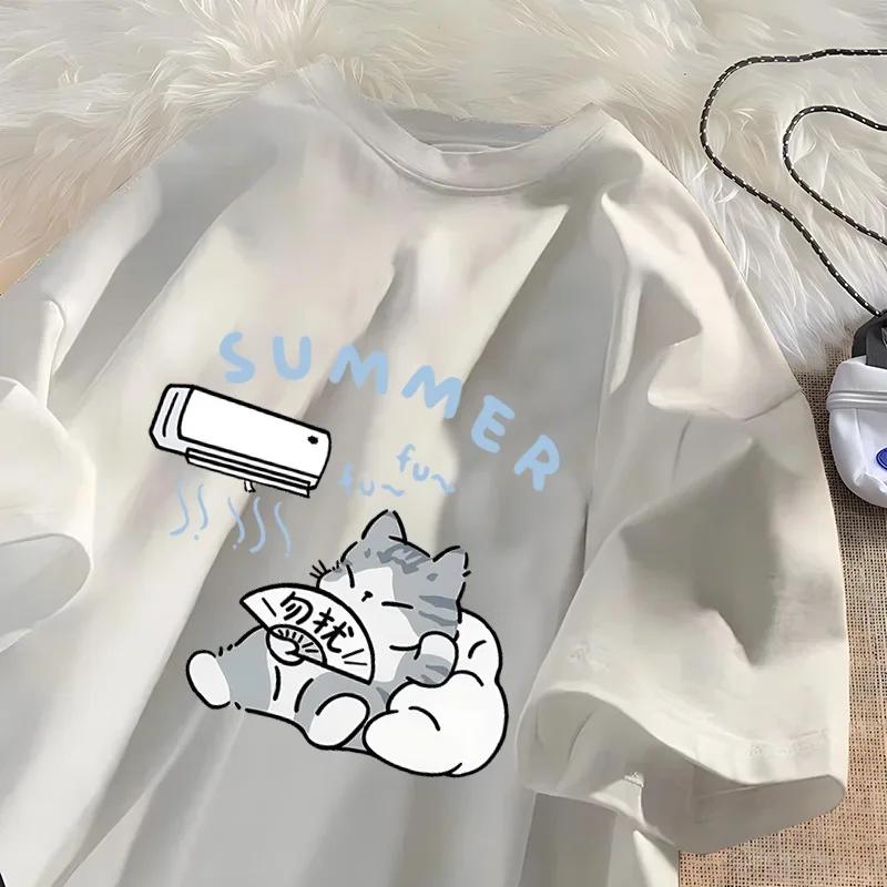 Летняя футболка с котом для мужчин и женщин Американская уличная креативная забавная футболка с котом и кондиционером, хлопковая футболка с круглым вырезом, уличная одежда