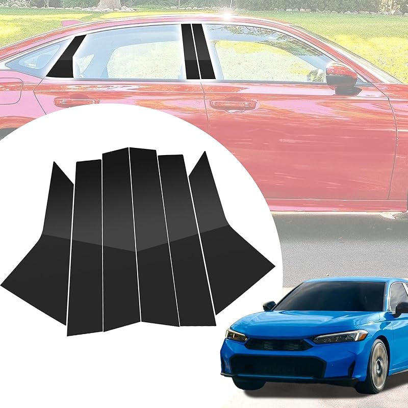 6pcs Glossy Black Exterior Door Window Pillar Posts Molding Cover Panel Trim Stickers Side Door Window Cover Trim Kits for Honda Civic 11th Gen