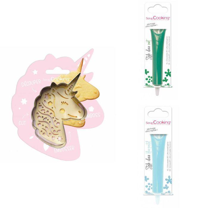 Unicorn Embossed Cookie Kit + 2 Pastel Green and Blue Chocolate Pens
