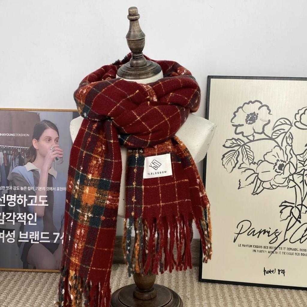 Red Scarf Retro Plaid Winter New Versatile Warm Korean Version Couple Scarf College Thickened Premium Scarf