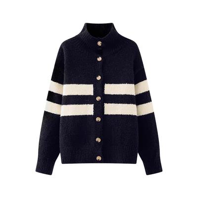 Ретро водолазка черно-белая в полоску женский вязаный кардиган, контрастного цвета мягкая ворсистая куртка-свитер топ7048#