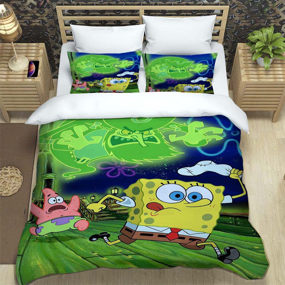 3D Sponge Bob Square Pants Printed Bedding Set, Cartoon Pattern Duvet Cover and Pillowcases, Single/Double Bed Sheet Sets,