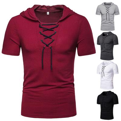 Мужская футболка Pure Color Lace-up Breathable Casual Summer Top для повседневной носки
