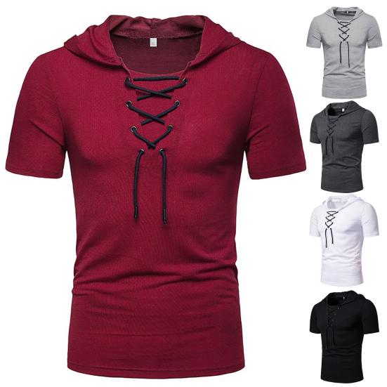 Мужская футболка Pure Color Lace-up Breathable Casual Summer Top для повседневной носки