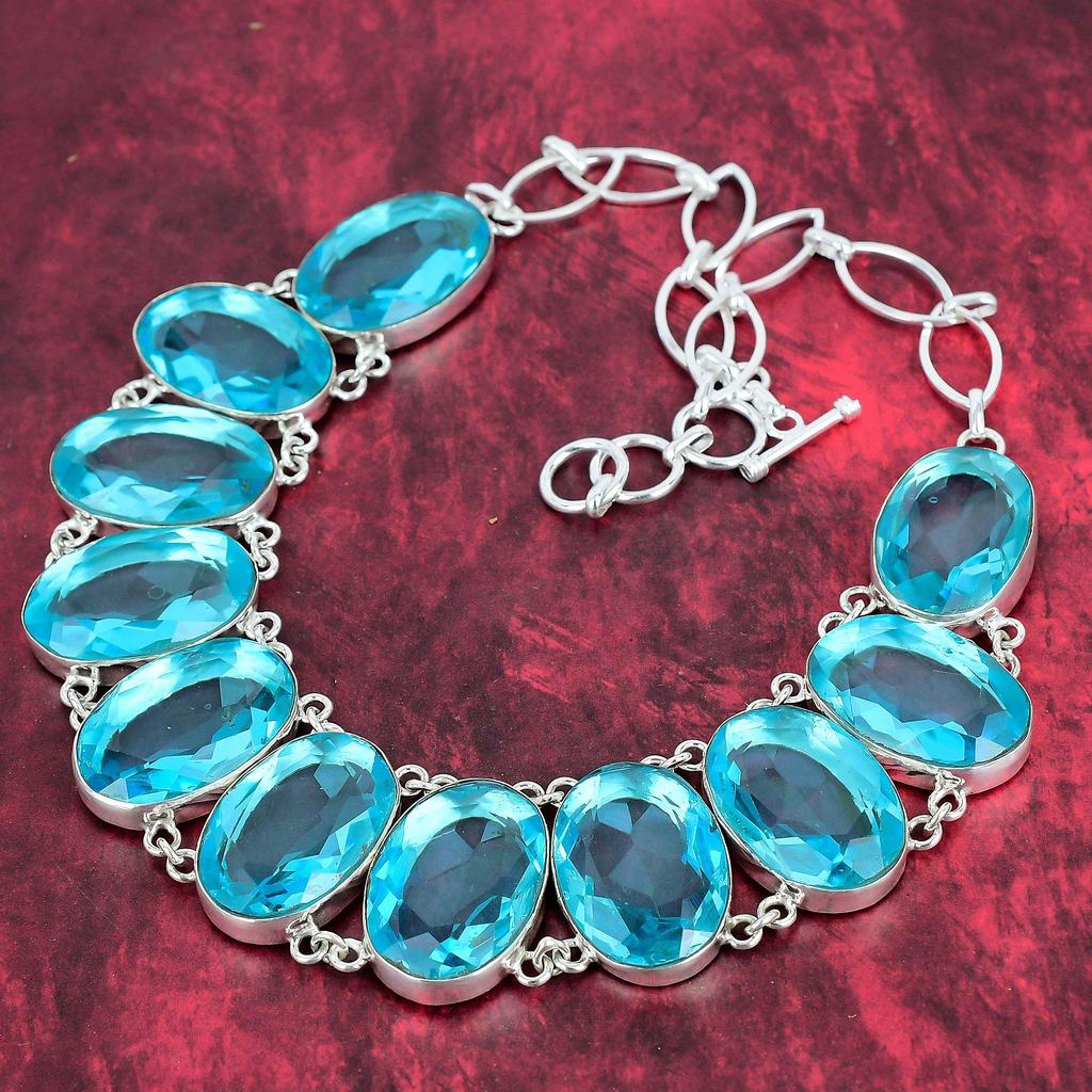 Swiss Blue Topaz 925 Solid Sterling Silver Jewelry Set, Gemstone Necklace & Bracelet Jewelry Set For Her, Anniversary Gift Handmade Jewelry Set